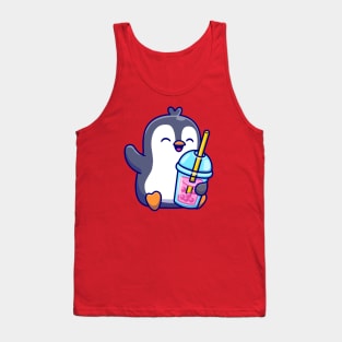 Cute Penguin Drinking Milk Tea Boba Tank Top